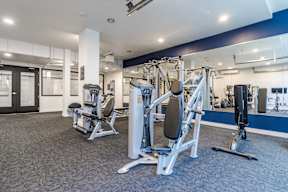 a gym with weights and cardio equipment in a building