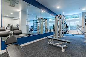 a gym with cardio equipment and mirrors on the wall