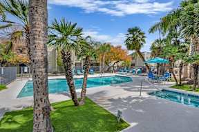 A pool surrounded by palm trees and a fence.