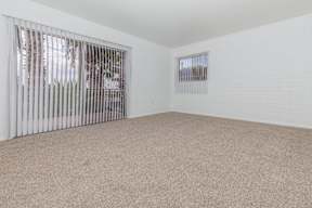 A room with a carpeted floor and a window with blinds.