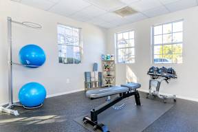 A room with a blue exercise ball, a bench, and a row of dumbbells.