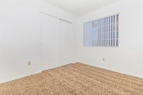 A room with a carpeted floor and a window with blinds.