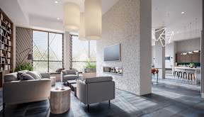 A modern living room with a large window and a flat screen TV mounted on the wall.