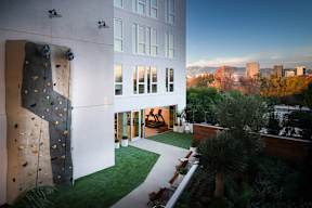 A modern building with a climbing wall on the side.