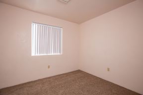 A room with a carpeted floor and a window with blinds.