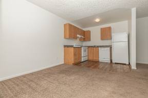 A kitchen with white appliances and wooden cabinets.