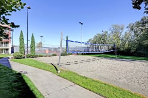 a volleyball court in a park with trees and buildings in the background