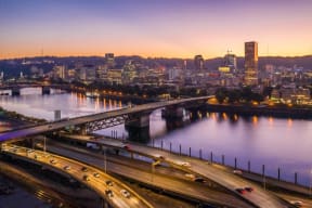 View of Burnside Bridge at dusk from Skylar Grand Apartments in Portland, Oregon