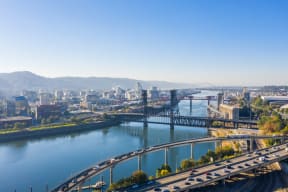 View of steel bridge from Skylar Grand Apartments in Portland, Oregon