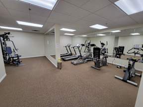 a gym with cardio equipment and weights in a building