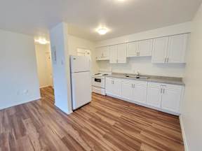 an empty kitchen with white cabinets and a refrigerator