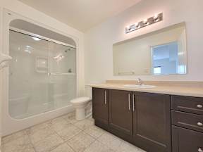 a bathroom with a shower sink and mirror and a toilet