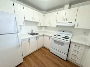 A white kitchen with a refrigerator, stove, and sink.