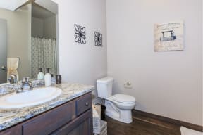 a bathroom with a toilet sink and mirror at InterUrban Apartments, Billings, MT