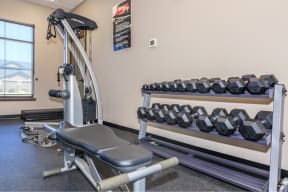 a treadmill and dumbbells in the fitness center at InterUrban Apartments, Montana, 59106