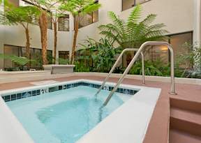 a jacuzzi pool in a building with a stainless steel railing