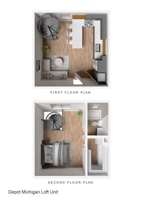 Two images of a depot Michigan loft unit, one showing the first floor plan and the other showing the second floor plan.