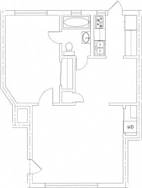 A floor plan of a house with a kitchen, living room, and two bedrooms.