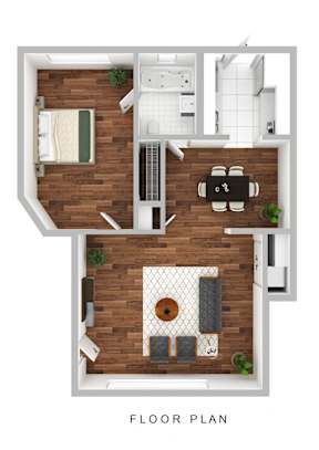 A floor plan of a house with a kitchen, living room, and two bedrooms.