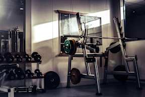 A gym with a weight bench, dumbbells, and a barbell.