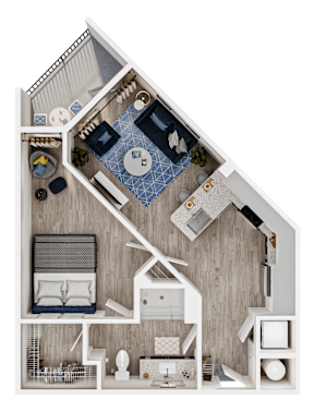 A detailed 3D floor plan of a small apartment layout.