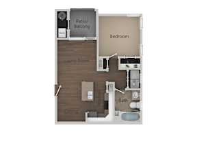 A diagram of a house layout with a living room, dining area, kitchen, bathroom, bedroom, and patio/balcony.