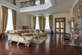 a living room with a couch and a table