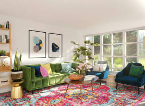 a living room with green furniture and a large rug