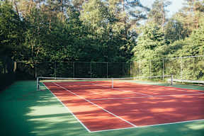 A red tennis court surrounded by trees.