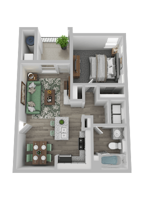 A 3D floor plan of a house showing a kitchen, living room, dining area, and bathroom.