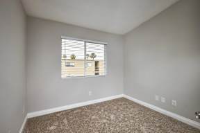 A room with a carpeted floor and a window with blinds.
