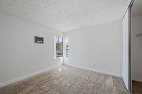 A room with a carpeted floor and a window showing a view of a street.