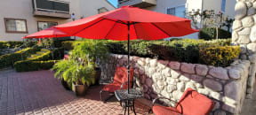 Garden sitting area at Northwood Apartments in Upland, California.
