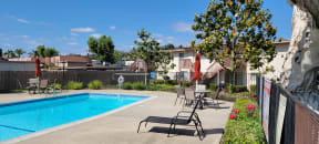 Crystal clear swimming pool and sun deck at Plaza Verde Apartments in Escondido, California.