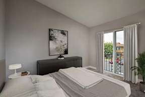 A bedroom with a large bed, a nightstand with a lamp, and a painting on the wall.