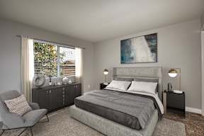 A bedroom with a large bed, a chair, and a painting on the wall.