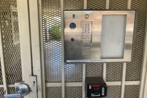 Security door at entrance to Eucalyptus Apartments in Moreno Valleym, California.