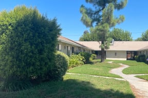 Mature Pine trees and established lawns at Eucalyptus Apartments in Moreno Valley, California.