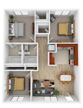 A top-down view of a small apartment with a kitchen, living room, and two bedrooms.