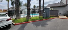 Palm trees around the swimming pool and spa at Grand Oaks Apartments in Lake Elsinore, California.