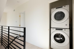 Stacked washer/dryer on second floor of apartment at 633 Palms Blvd. in Venice, California.