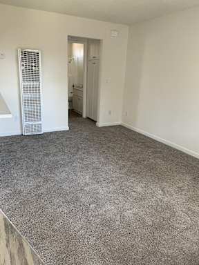 A room with a carpeted floor and a white door.