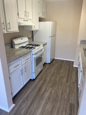 Newly modernized kitchens with gas stove, refrigerator, dishwasher, disposal and deep stainless steel sink at Grande Vista Apartments.