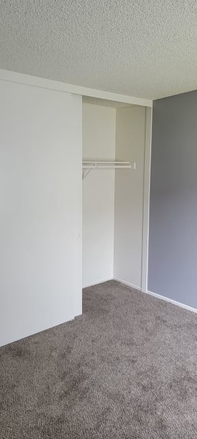 Carpeted bedroom with large closet at Grand Oaks Apartments in Lake Elsinore, California.
