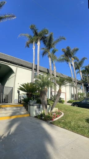 Picturesque palms surround Saint Malo Surf Apartments in Oceanside, California.