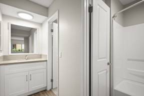 A white bathroom with a sink, mirror, and shower.
