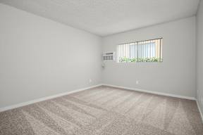 A room with a carpeted floor and a window with blinds.