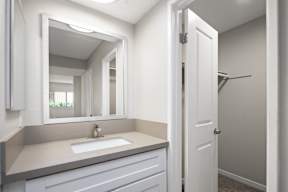 A bathroom with a sink and mirror.