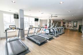 A gym with treadmills, elliptical machines and a fan.