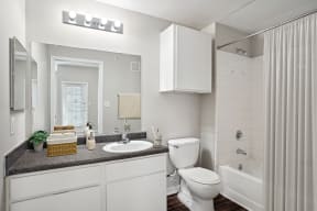 a bathroom with a toilet sink and shower and a mirror